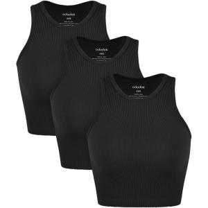imageODODOS 3Pack Seamless Crop Tank for Women Ribbed Soft High Neck Cropped TopsBlackblackblack