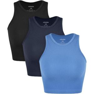 imageODODOS 3Pack Seamless Crop Tank for Women Ribbed Soft High Neck Cropped TopsBlacknavyblue