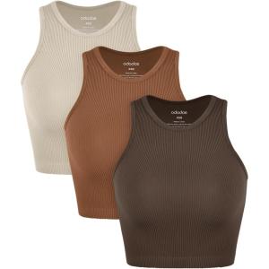 imageODODOS 3Pack Seamless Crop Tank for Women Ribbed Soft High Neck Cropped TopsBrunetteclaymushroom