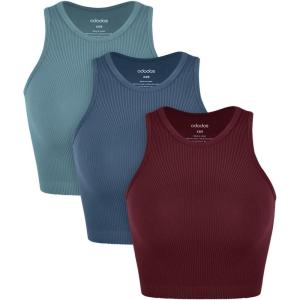 imageODODOS 3Pack Seamless Crop Tank for Women Ribbed Soft High Neck Cropped TopsClaretoceansky Blue