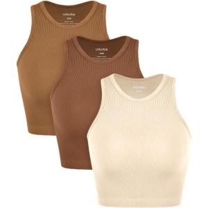 imageODODOS 3Pack Seamless Crop Tank for Women Ribbed Soft High Neck Cropped TopsOchreclayoatmeal