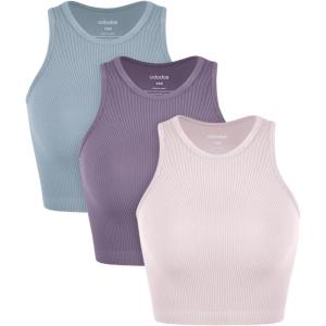 imageODODOS 3Pack Seamless Crop Tank for Women Ribbed Soft High Neck Cropped TopsPink Lacevioleticeberg