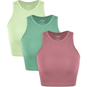 imageODODOS 3Pack Seamless Crop Tank for Women Ribbed Soft High Neck Cropped TopsWatermelonemeraldmint