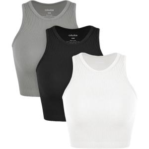 imageODODOS 3Pack Seamless Crop Tank for Women Ribbed Soft High Neck Cropped TopsWhiteblackgray