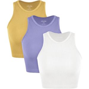 imageODODOS 3Pack Seamless Crop Tank for Women Ribbed Soft High Neck Cropped TopsWhitepurpleyellow