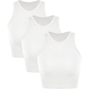 imageODODOS 3Pack Seamless Crop Tank for Women Ribbed Soft High Neck Cropped TopsWhitewhitewhite