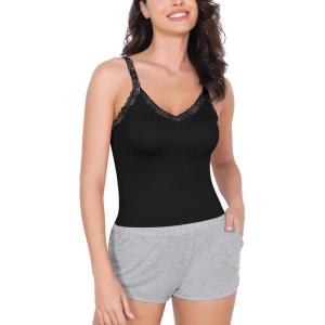 imageODODOS Lace Trim Seamless Top for Women Ribbed Soft V Neck Cami Tank TopsBlack
