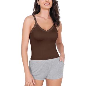 imageODODOS Lace Trim Seamless Top for Women Ribbed Soft V Neck Cami Tank TopsBrunette