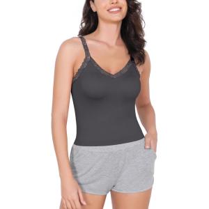 imageODODOS Lace Trim Seamless Top for Women Ribbed Soft V Neck Cami Tank TopsCharcoal