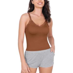 imageODODOS Lace Trim Seamless Top for Women Ribbed Soft V Neck Cami Tank TopsClay