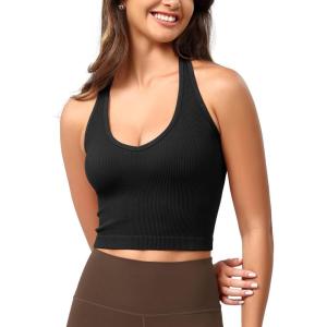 imageODODOS Seamless Halter Crop Tops for Women Ribbed Soft V Neck Open Back Cropped Tank TopBlack