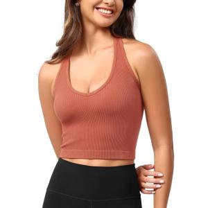 imageODODOS Seamless Halter Crop Tops for Women Ribbed Soft V Neck Open Back Cropped Tank TopCoral