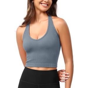imageODODOS Seamless Halter Crop Tops for Women Ribbed Soft V Neck Open Back Cropped Tank TopDusty Blue