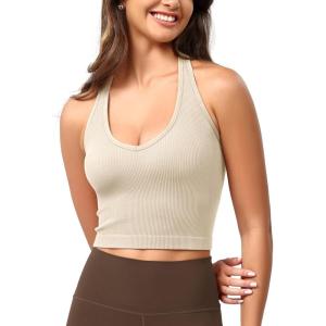 imageODODOS Seamless Halter Crop Tops for Women Ribbed Soft V Neck Open Back Cropped Tank TopIvory