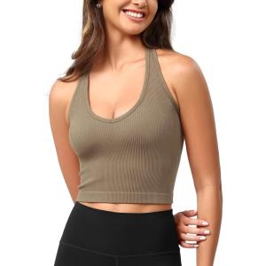 imageODODOS Seamless Halter Crop Tops for Women Ribbed Soft V Neck Open Back Cropped Tank TopTaupe