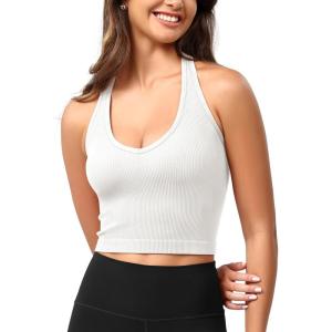 imageODODOS Seamless Halter Crop Tops for Women Ribbed Soft V Neck Open Back Cropped Tank TopWhite