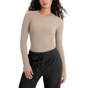 imageODODOS Seamless Long Sleeve Tops with Thumb Hole for Women Crew Neck Ribbed Tee Workout Yoga ShirtsBeige