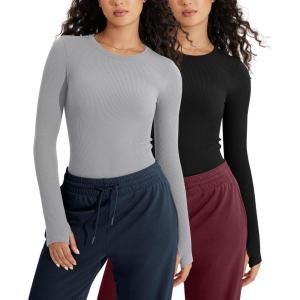 imageODODOS Seamless Long Sleeve Tops with Thumb Hole for Women Crew Neck Ribbed Tee Workout Yoga ShirtsBlackgray