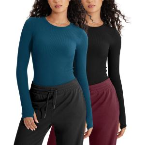 imageODODOS Seamless Long Sleeve Tops with Thumb Hole for Women Crew Neck Ribbed Tee Workout Yoga ShirtsBlackteal