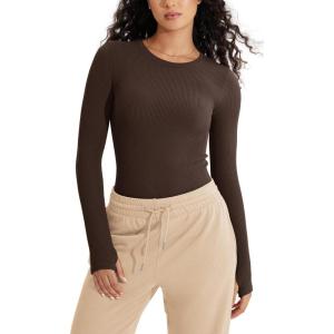 imageODODOS Seamless Long Sleeve Tops with Thumb Hole for Women Crew Neck Ribbed Tee Workout Yoga ShirtsBrunette