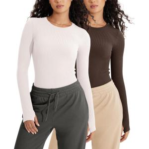 imageODODOS Seamless Long Sleeve Tops with Thumb Hole for Women Crew Neck Ribbed Tee Workout Yoga ShirtsBrunetteivory