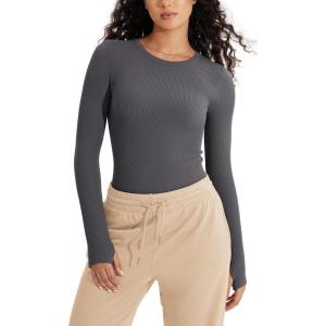 imageODODOS Seamless Long Sleeve Tops with Thumb Hole for Women Crew Neck Ribbed Tee Workout Yoga ShirtsCharcoal