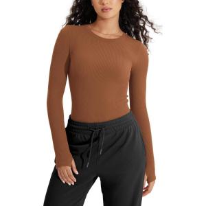 imageODODOS Seamless Long Sleeve Tops with Thumb Hole for Women Crew Neck Ribbed Tee Workout Yoga ShirtsClay