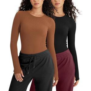 imageODODOS Seamless Long Sleeve Tops with Thumb Hole for Women Crew Neck Ribbed Tee Workout Yoga ShirtsClayblack