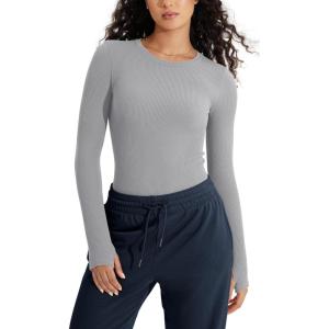imageODODOS Seamless Long Sleeve Tops with Thumb Hole for Women Crew Neck Ribbed Tee Workout Yoga ShirtsGray