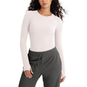 imageODODOS Seamless Long Sleeve Tops with Thumb Hole for Women Crew Neck Ribbed Tee Workout Yoga ShirtsIvory