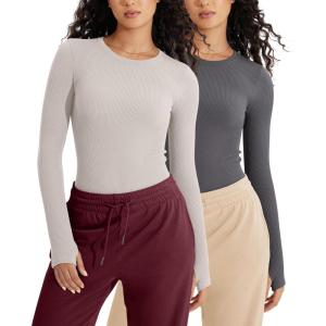 imageODODOS Seamless Long Sleeve Tops with Thumb Hole for Women Crew Neck Ribbed Tee Workout Yoga ShirtsMushroomcharcoal
