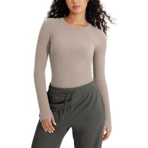 imageODODOS Seamless Long Sleeve Tops with Thumb Hole for Women Crew Neck Ribbed Tee Workout Yoga ShirtsTaupe