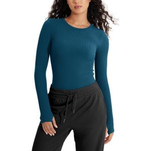 imageODODOS Seamless Long Sleeve Tops with Thumb Hole for Women Crew Neck Ribbed Tee Workout Yoga ShirtsTeal