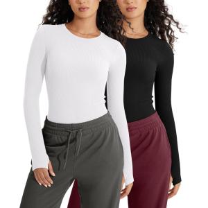 imageODODOS Seamless Long Sleeve Tops with Thumb Hole for Women Crew Neck Ribbed Tee Workout Yoga ShirtsWhiteblack