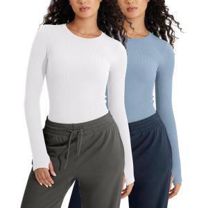 imageODODOS Seamless Long Sleeve Tops with Thumb Hole for Women Crew Neck Ribbed Tee Workout Yoga ShirtsWhiteiceberg