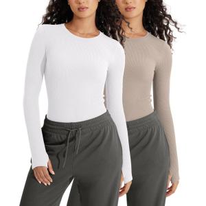 imageODODOS Seamless Long Sleeve Tops with Thumb Hole for Women Crew Neck Ribbed Tee Workout Yoga ShirtsWhitetaupe