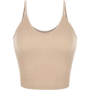 imageODODOS V Neck Seamless Crop Tank for Women Ribbed Knit Soft Cropped Camisole TopsBeige