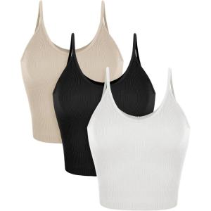 imageODODOS V Neck Seamless Crop Tank for Women Ribbed Knit Soft Cropped Camisole TopsMushroomblackwhite
