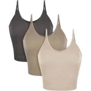 imageODODOS V Neck Seamless Crop Tank for Women Ribbed Knit Soft Cropped Camisole TopsMushroomtaupecharcoal