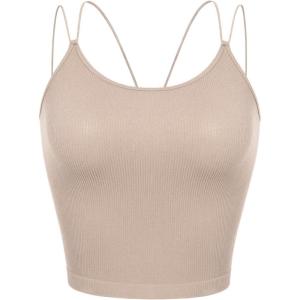 imageODODOS Womens Crop Seamless Double Straps Cropped Tank Tops V Back Ribbed CamisoleBeige