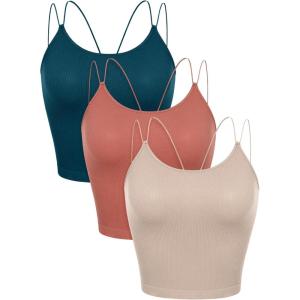 imageODODOS Womens Crop Seamless Double Straps Cropped Tank Tops V Back Ribbed CamisoleBeigecoralteal