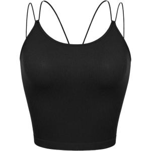 imageODODOS Womens Crop Seamless Double Straps Cropped Tank Tops V Back Ribbed CamisoleBlack