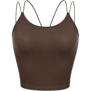 imageODODOS Womens Crop Seamless Double Straps Cropped Tank Tops V Back Ribbed CamisoleBrunette