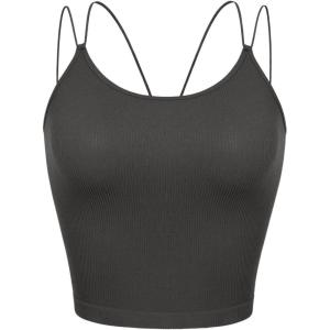 imageODODOS Womens Crop Seamless Double Straps Cropped Tank Tops V Back Ribbed CamisoleCharcoal