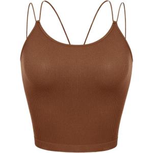 imageODODOS Womens Crop Seamless Double Straps Cropped Tank Tops V Back Ribbed CamisoleClay