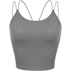 imageODODOS Womens Crop Seamless Double Straps Cropped Tank Tops V Back Ribbed CamisoleGray