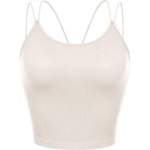 imageODODOS Womens Crop Seamless Double Straps Cropped Tank Tops V Back Ribbed CamisoleIvory