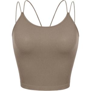imageODODOS Womens Crop Seamless Double Straps Cropped Tank Tops V Back Ribbed CamisoleTaupe
