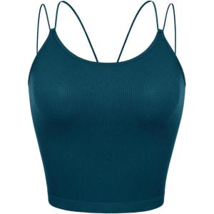 imageODODOS Womens Crop Seamless Double Straps Cropped Tank Tops V Back Ribbed CamisoleTeal