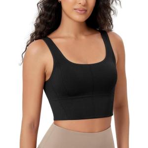 imageODODOS Womens Seamless Square Neck Sports Bra Medium Support Padded Wirefree Cropped Tank TopsBlack